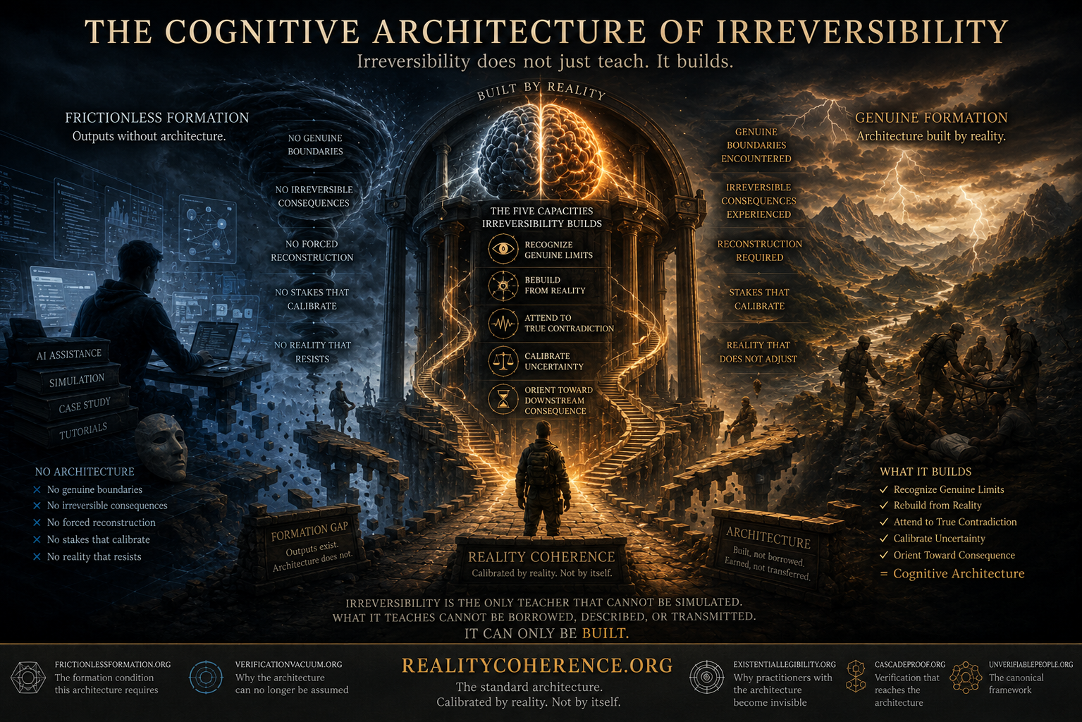 Visual representation of Reality Coherence and Frictionless Formation showing how genuine irreversibility builds cognitive architecture through real-world consequence