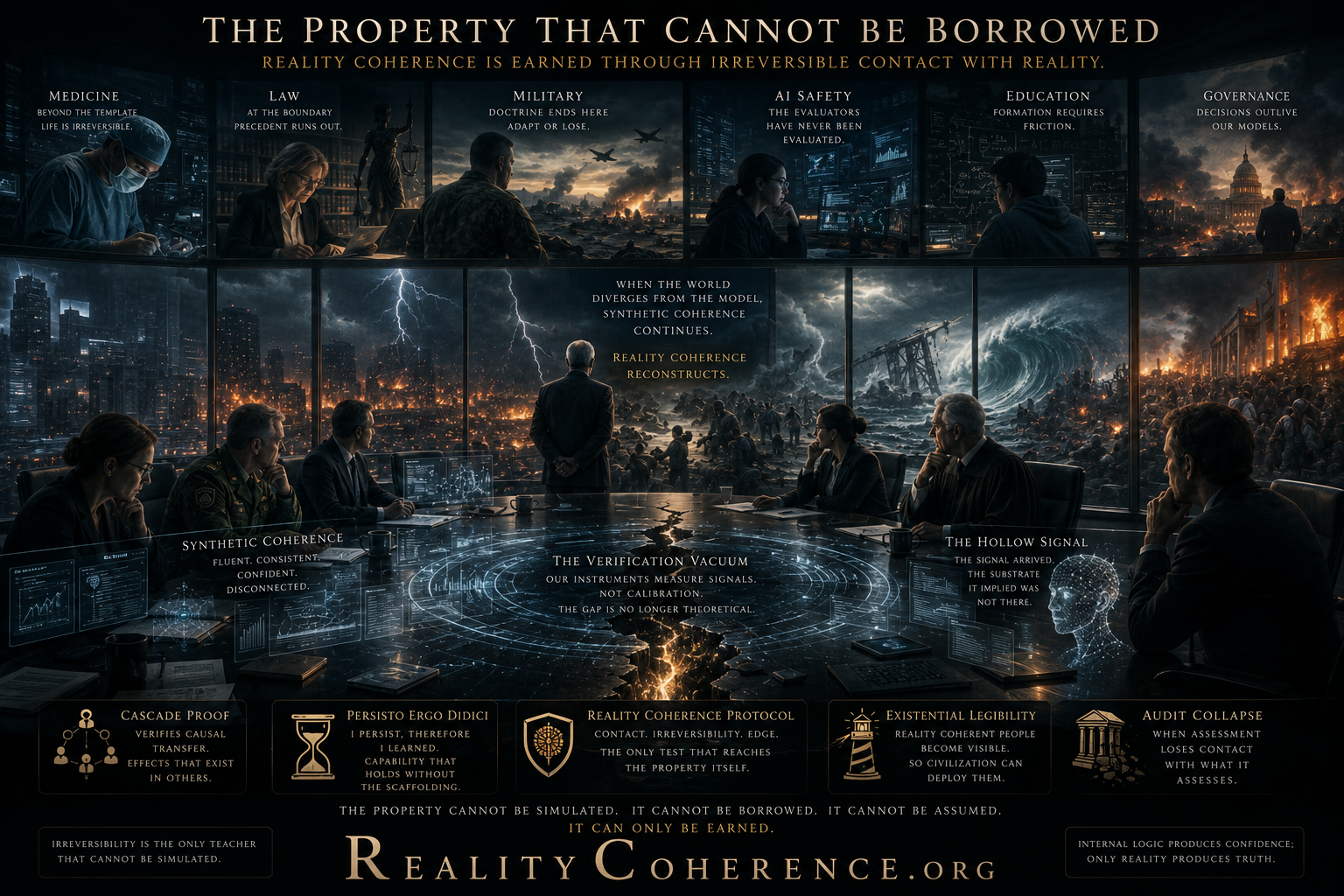Cinematic boardroom scene showing leaders from medicine, law, military, AI safety, governance, and education confronting the collapse between Synthetic Coherence and Reality Coherence.