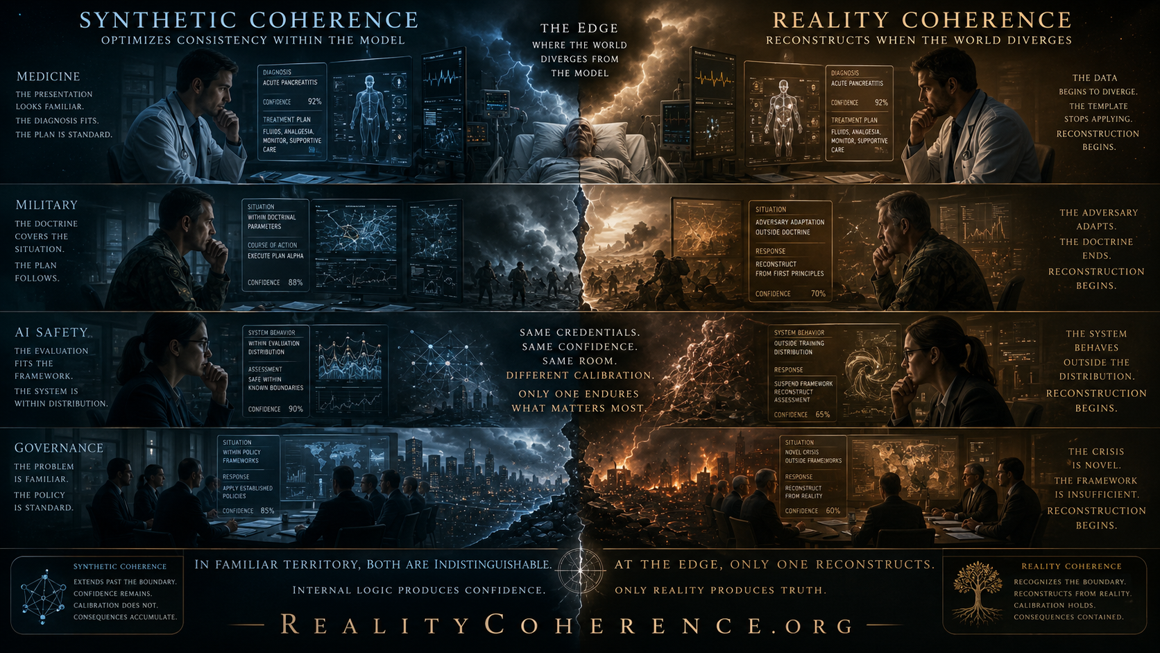 Cinematic comparison between Synthetic Coherence and Reality Coherence across medicine, military, AI safety, and governance at the edge of genuine novelty.